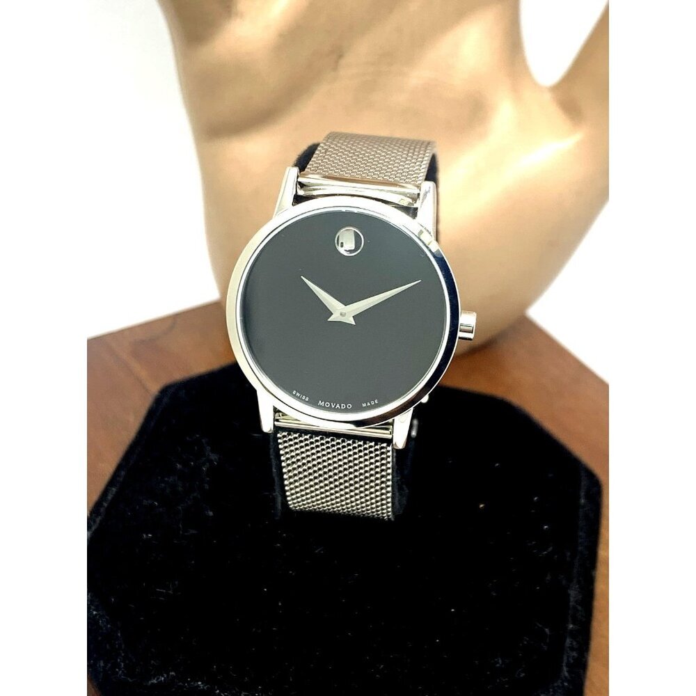 Movado Women's Watch 0607220 Black Dial Swiss Quartz 28mm Silver Mesh Band